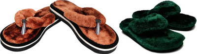 rexizone Women Flip Flops(Brown, Green , 5)
