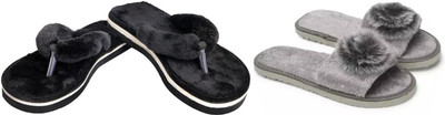 rexizone Women Flip Flops(Black, Grey , 7)
