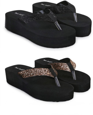 TWO SOFT Women Pack Of 2 Combo Stylish Extra Comfort Lightweight Dailywear Used Slippers(Black, Gold , 7)