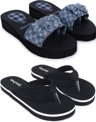 Skytrap Women Stylish Comfortable and Trending Colorful Printed Flip Flop Slide Combo of 2 Slippers(Grey, Black , 7)
