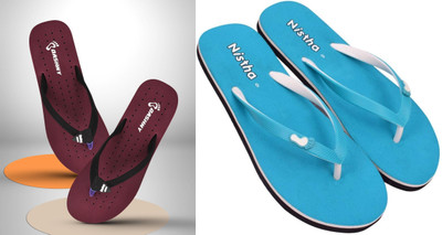 DASHNY Women Flip Flops(Blue, Maroon , 9)