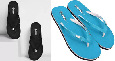 DASHNY Women Flip Flops(Black, Blue , 5)