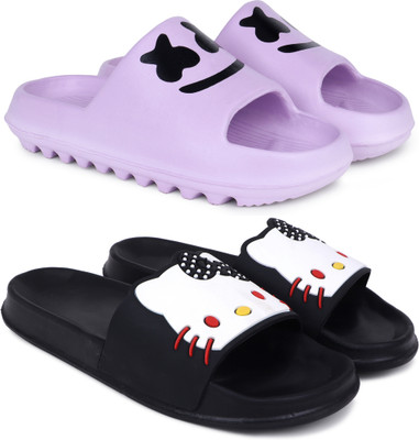 Pampy Angel Women Women Classic Trendy Flipflops, Slipper, Sliders, Chappal Combo Pack of 2 Slides(Purple, Black , 6)