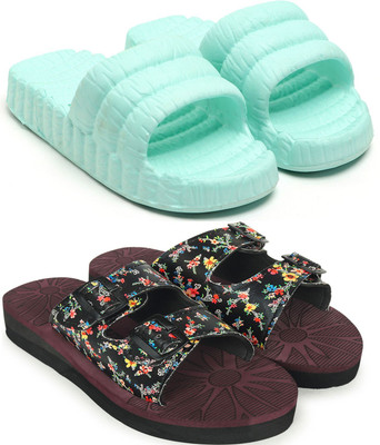 Feens Women Flip Flops(Blue, Maroon , 6)