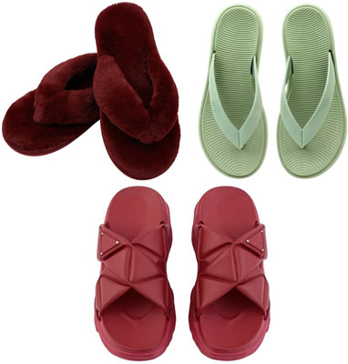 Shivaru trader Women Slippers(Maroon, Green, Maroon , 6)