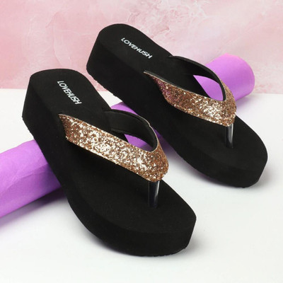 LoveHush Women Slippers(Gold, Black , 6)
