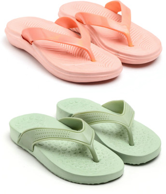 GENVE Women Flip Flops(Green, Pink , 8)