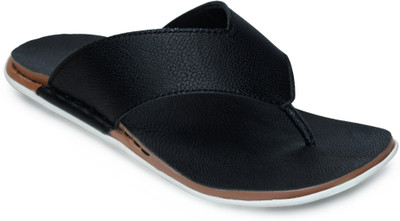 STEPFOX Men Faux Leather V-Shape Toe Loop Design with Cushioned Comfort Footbed Slippers(Black , 7)
