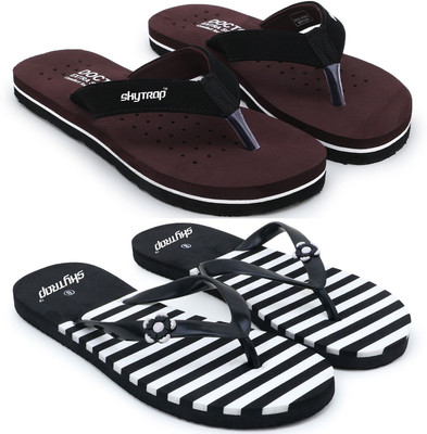 Skytrap Women Stylish Comfortable and Trending Ortho Doctor Flip Flops Combo of 2 Slippers(Maroon, Black , 4)