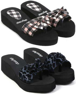 Feens Women Stylish and Comfortable Trending Light Weight Checkered Flipflop Combo of 2 Slippers(Pink, Blue , 8)