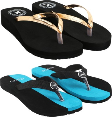 KUNTO Women Flip Flops(Black, Gold, Blue , 4)