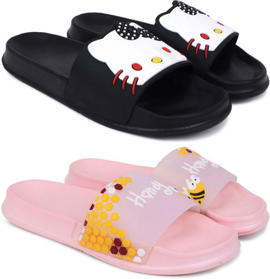 Pampy Angel Women Women Classic Trendy Flipflops, Slipper, Sliders, Chappal Combo Pack of 2 Slides(Black, Pink , 6)