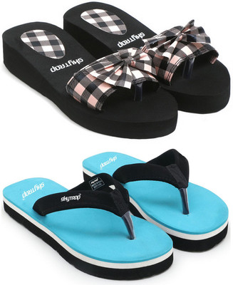 Skytrap Women Stylish Comfortable and Trending Checkered Flip Flops Slide Combo of 2 Flip Flops(Pink, Blue , 8)