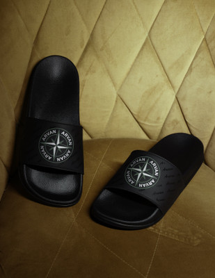 ARVAN Men Slides(Black, Silver , 9)