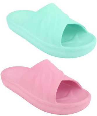 World Wear Footwear Women Slides(Green, Pink , 4)