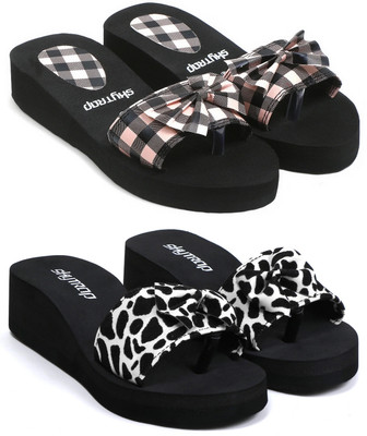 Feens Women Stylish and Comfortable Trending Light Weight Checkered Flipflop Combo of 2 Slippers(Pink, White , 6)