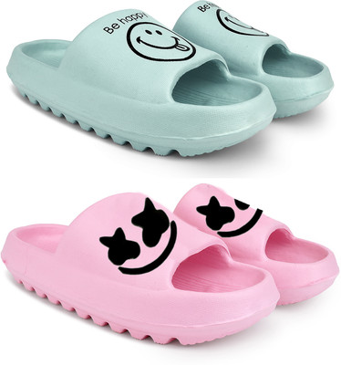 KAPYANSH Women Women Classic Trendy Flipflops, Slipper, Sliders, Chappal Combo Pack of 2 Slides(Green, Pink , 7)
