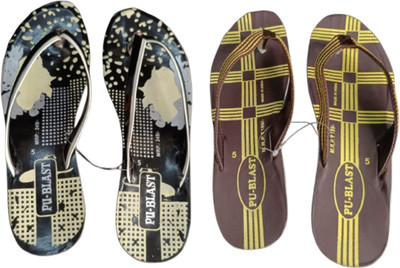 BLIBBERS Women Flip Flops(Black, Brown , 8)