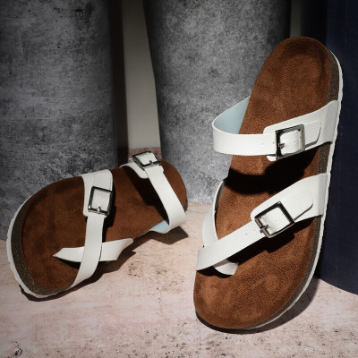 MOZAFIA Women Arch Support Flat Sandals with Adjustable Buckle Straps and Cork Footbed Flip Flops(White , 4)