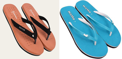 DASHNY Women Flip Flops(Orange, Blue , 6)