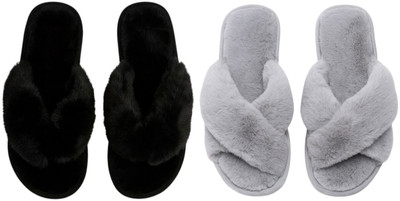 Shivaru trader Women Slippers(Grey, Black , 4)