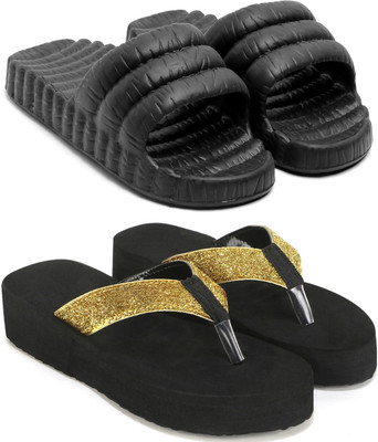 Feens Women Flip Flops(Black, Gold , 5)