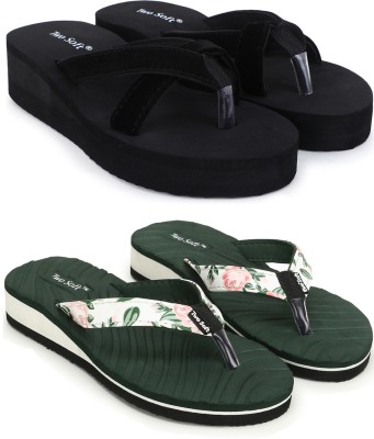 TWO SOFT Women Flip Flops(Black, Green , 8)