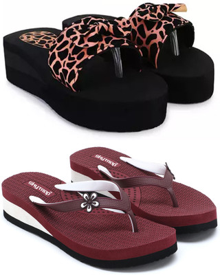 Skytrap Women Stylish Comfortable and Trending Colorful Laser Flip Flops Slippers(Brown, Maroon , 7)