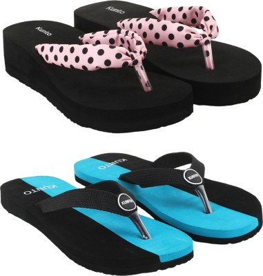 KUNTO Women Flip Flops(Black, Pink, Blue , 7)