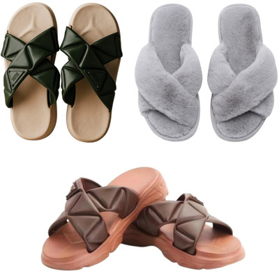 Shivaru trader Women Slippers(Olive, Grey, Brown , 8)