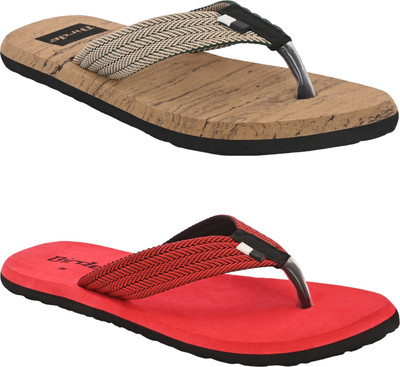 BIRDE Men Pack Of 2 Combo Comfortable Slippers & Flip Flop For Men Slippers(Tan, Red , 9)