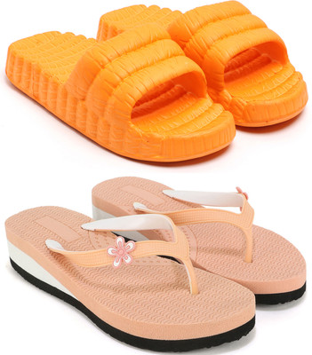 Dewon Women Flip Flops(Orange, Pink , 6)