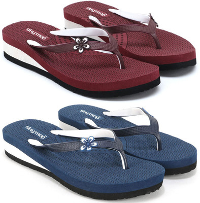 Skytrap Women Stylish Comfortable and Trending Colorful Laser Flip Flops Slippers(Maroon, Blue , 7)