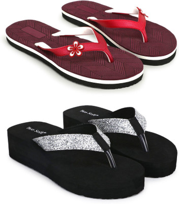 TWO SOFT Women Combo Pack Of 2 Women Slipper Stylish Casual Light & Soft Comfortable Daily Wear Slippers(Maroon, Silver , 7)