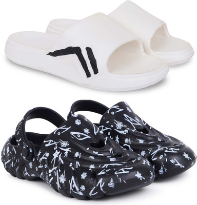 KAPYANSH Men Slippers(White, Black , 7)