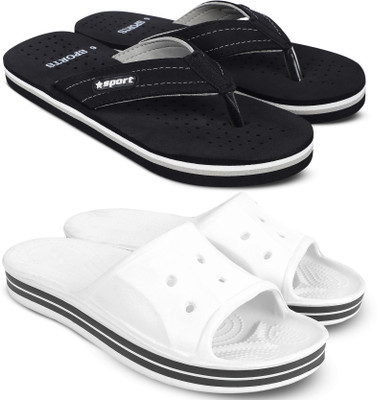 Keneye Men Men Combo of 2 Light Weight & Comfortable Slides(White, Black , 10)