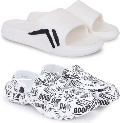 KAPYANSH Men Slippers(White, Black , 9)