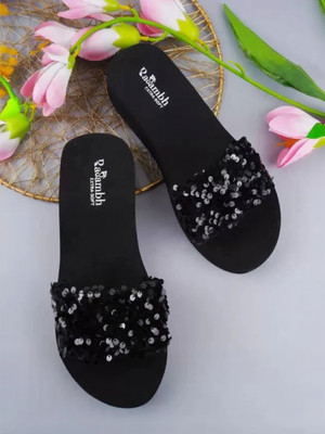 Rasambh Women Comfortable Stylish and Trending Sequined Flip Flops sliders For Women Slides(Black , 7)