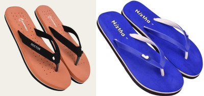 DASHNY Women Flip Flops(Orange, Blue , 6)