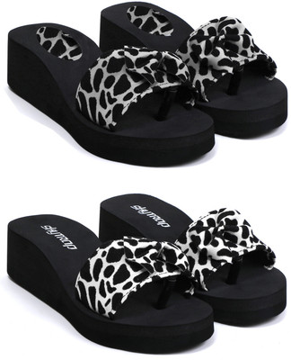 Skytrap Women Stylish Comfortable and Trending Colorful Rubber Flip Flops Slide Combo of 2 Slides(Black, White , 6)