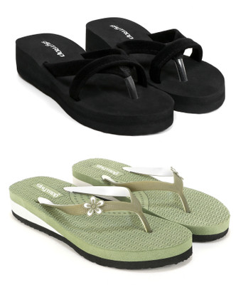HOC Women Slippers(Black, Green , 4)
