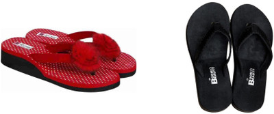 BOOMBEAUTY Women Flip Flops(Red, Black , 6)