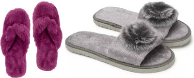 rexizone Women Flip Flops(Grey, Purple , 6)