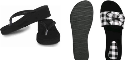 BOOMBEAUTY Women Flip Flops(Black, White , 7)