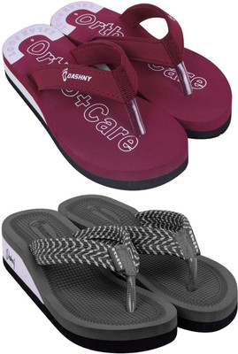 DASHNY Women Slippers(Grey, Maroon , 7)
