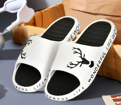 house of common Men Slides(Black, White , 6)