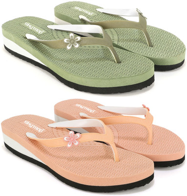 HOC Women Slippers(Green, Beige , 6)
