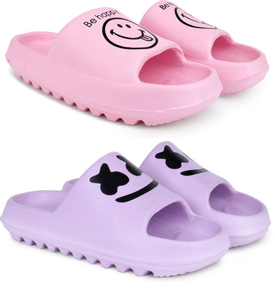 KAPYANSH Women Women Classic Trendy Flipflops, Slipper, Sliders, Chappal Combo Pack of 2 Slides(Pink, Purple , 5)