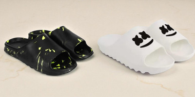 Shoepro Men Slides(Black, White , 8)