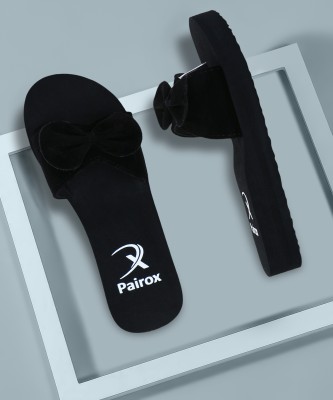 Pairox Women Pairox soft fancy velvet ladies slipper with bow|Latest design Dailywear slipper Flip Flops(Black , 7)